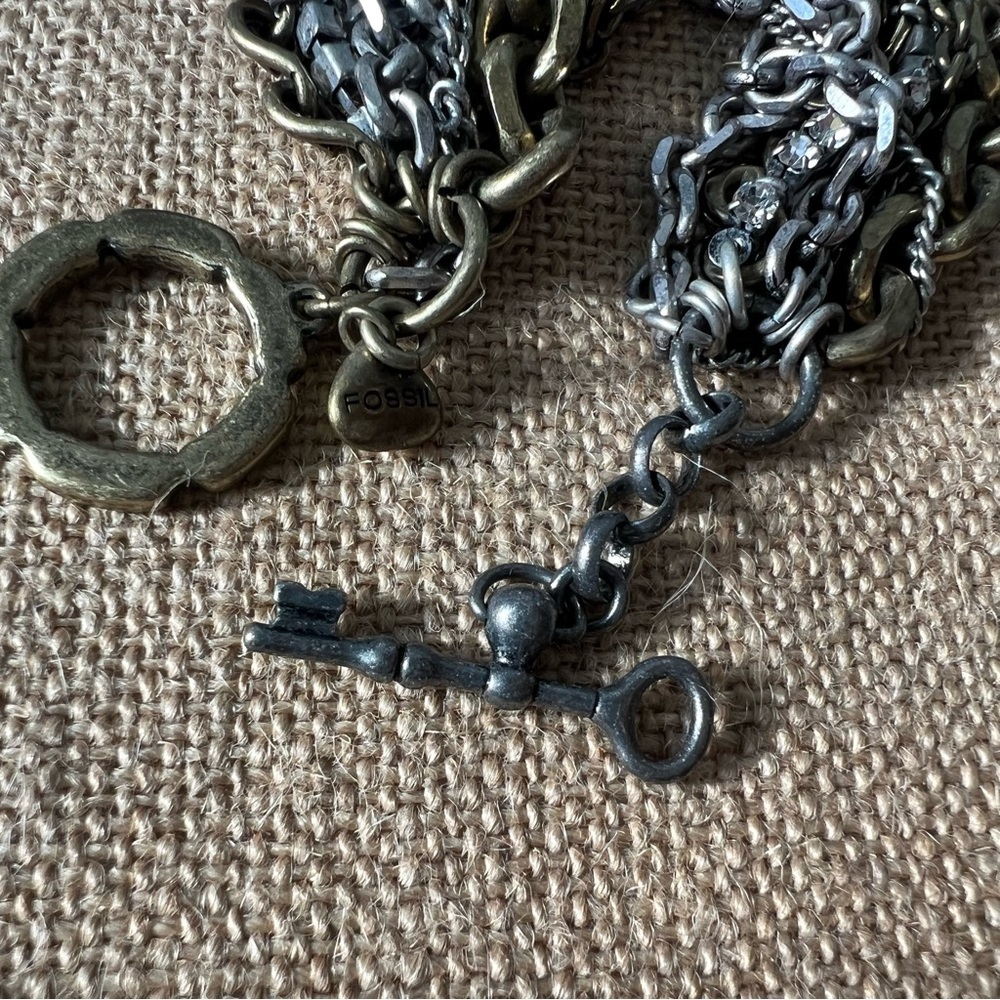 Mixed metal silver tone chain link chunky bracelet key toggle easy closure heavy - Picture 5 of 5